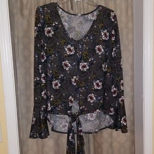 Bell sleeve floral blouse with front knot